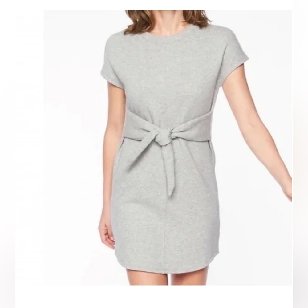 Athleta Sweater mini Dress Womens large Gray Short Sleeve Tie Front Embrace